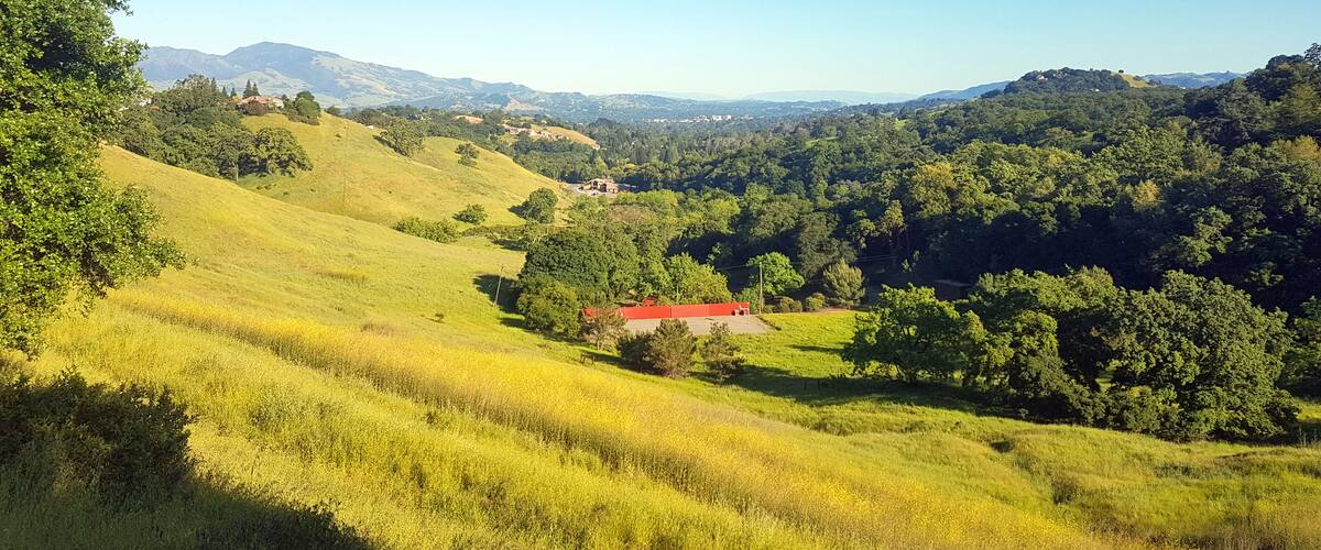 Rolling green hills, a red-roofed building, and a valley with dense forests.