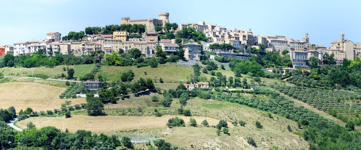 A hillside town with historic buildings, a castle, and olive groves.