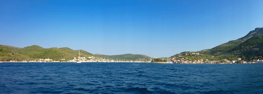 August 7th, 2018. Panoramic view of Vathi or Vathy or Port Vathi is the capital and main harbour of the island of Ithaca in the Ionian Sea of Greece.