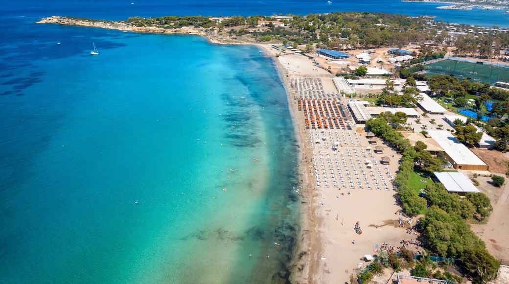 Aerial view of Voula Beach, part of the Athens Riviera coast, Greece, with beautiful beaches and turquoise sea
