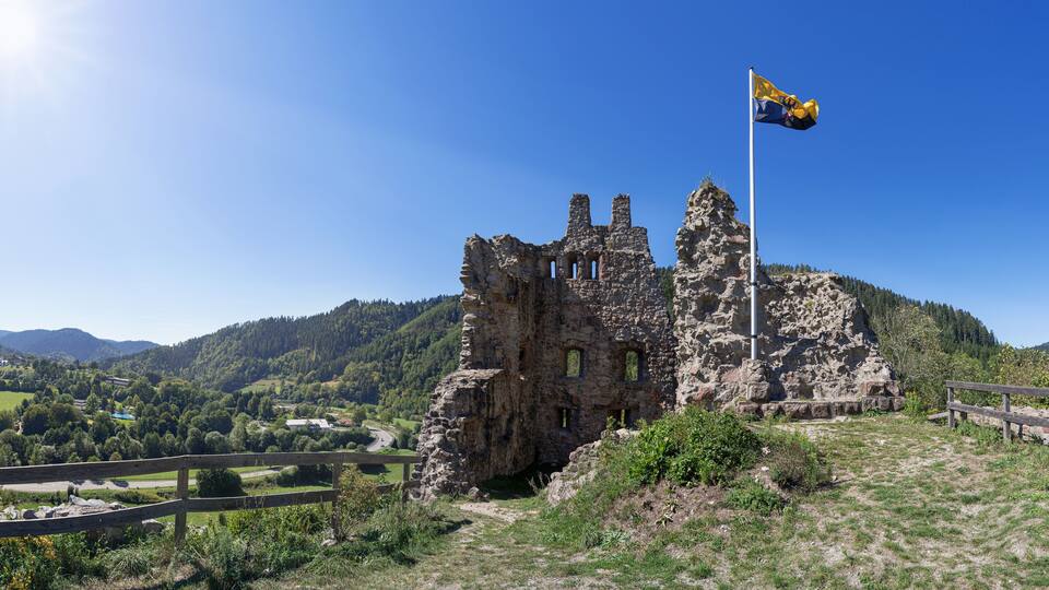 A historic stone castle with a flagpole, surrounded by a wooden fence and lush greenery.