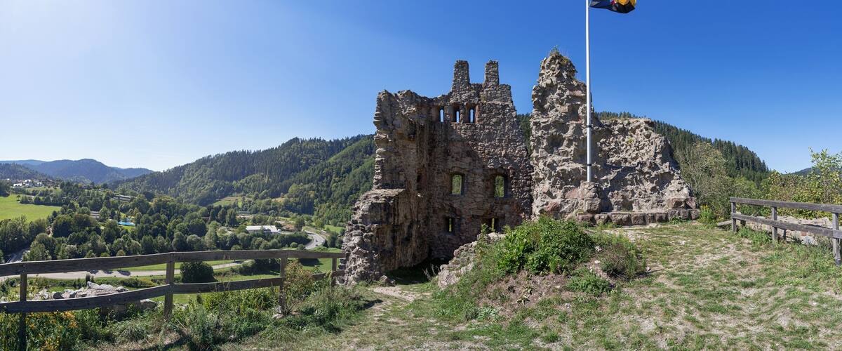 A historic stone castle with a flagpole, surrounded by a wooden fence and lush greenery.