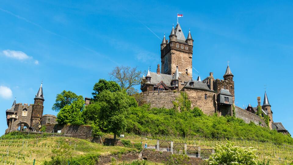 A historic castle with multiple towers and a flag, surrounded by lush greenery and a clear blue sky.