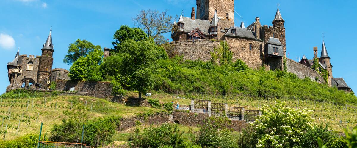 A historic castle with multiple towers and a flag, surrounded by lush greenery and a clear blue sky.