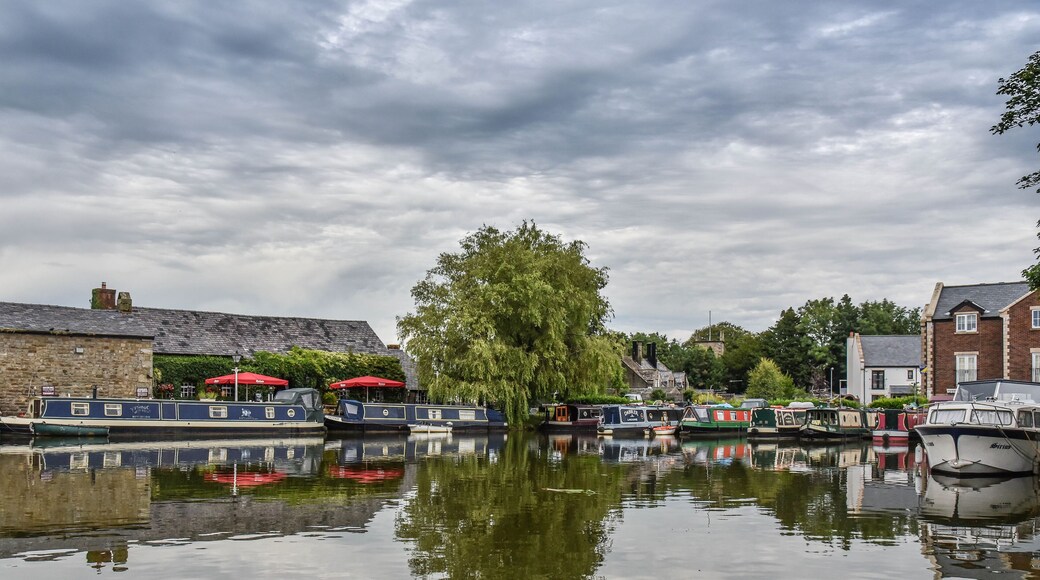 Narrowboats moored in the marina of the Lancaster Canal at Garstang in Lancashire
