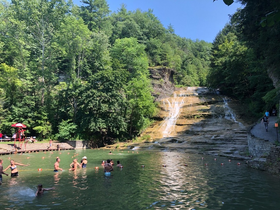 The grassy area beside the swimming area isn’t particularly large. It’s both in the sun and under shaded trees with picnic tables scattered. Many people lounge on towels or bring fold out chairs, content with location and not swimming while others jump in or simply dip their feet. The hiking trail along the fall takes you high and isn’t for those who dislike the stairs, but staying below isn’t half bad either. #hiking #waterfalls #upstateny #stateparks #swimmingholes