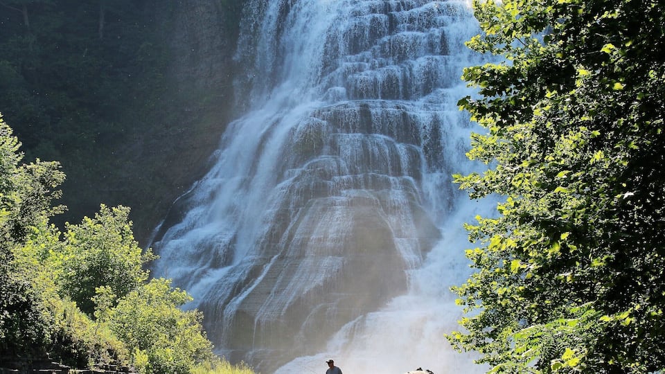 A waterfall cascading down a rocky cliff surrounded by lush greenery.