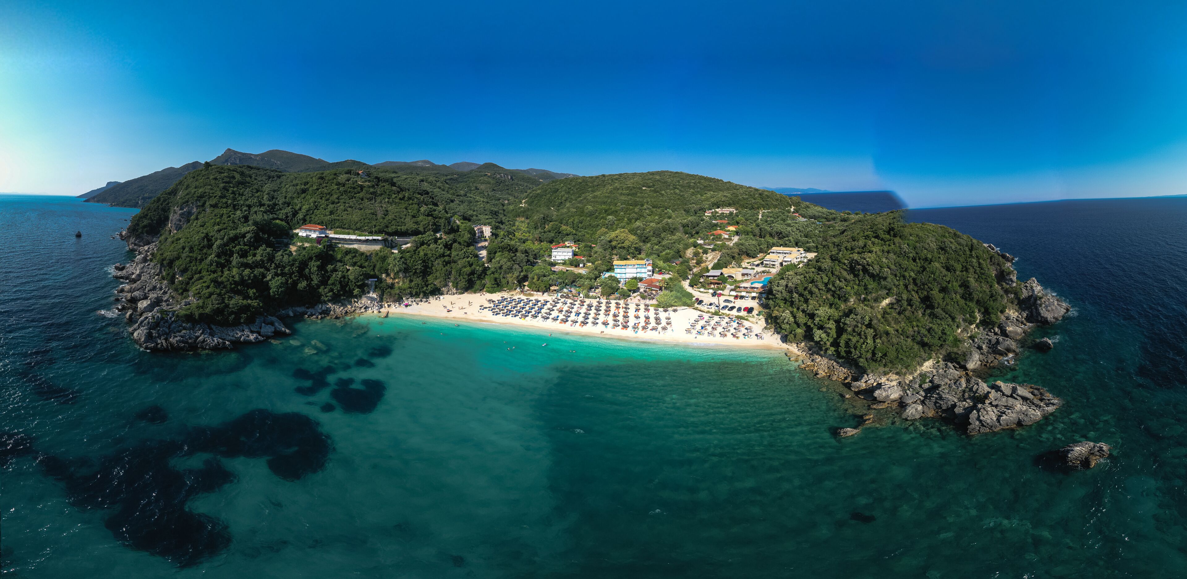 Paradise sandy beach and bay of Sarakiniko a safe sail boat anchorage in Ithaki or Ithaca island, Ionian, Greece