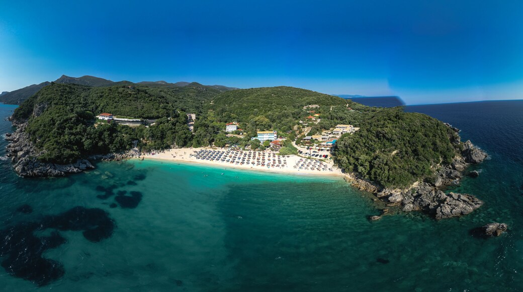 Paradise sandy beach and bay of Sarakiniko a safe sail boat anchorage in Ithaki or Ithaca island, Ionian, Greece