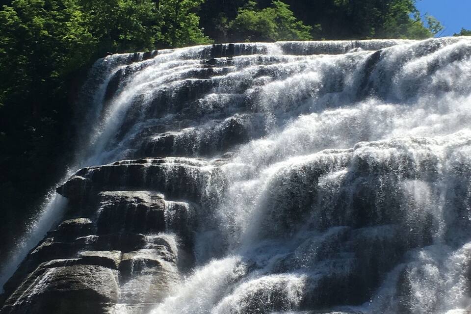 Una cascada escalonada rodeada de exuberante follaje verde.