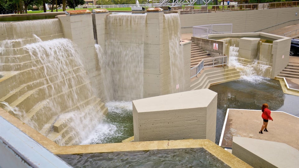 Downtown Rochester showing a fountain as well as an individual female