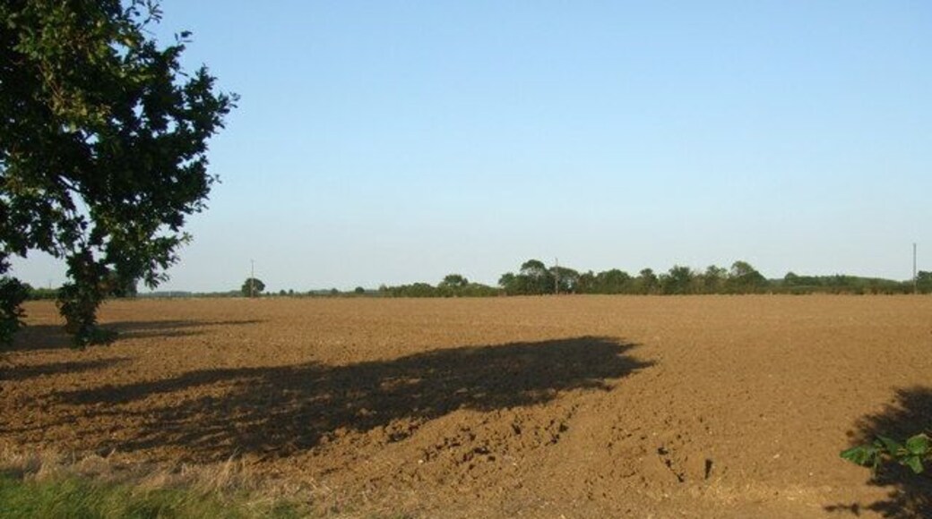 View over ploughed field I make a shadow appearance in this field which makes up quite a lot of this grid square.