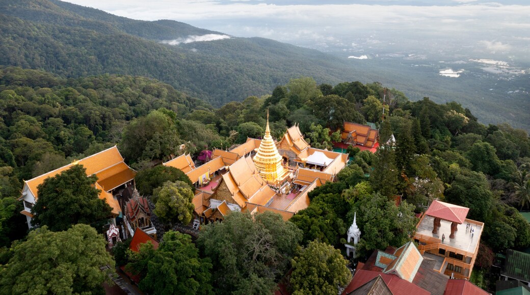 Aerial view at Wat Phra That Doi Suthep temple on the Cloudscape in Chiangmai, Thailand.