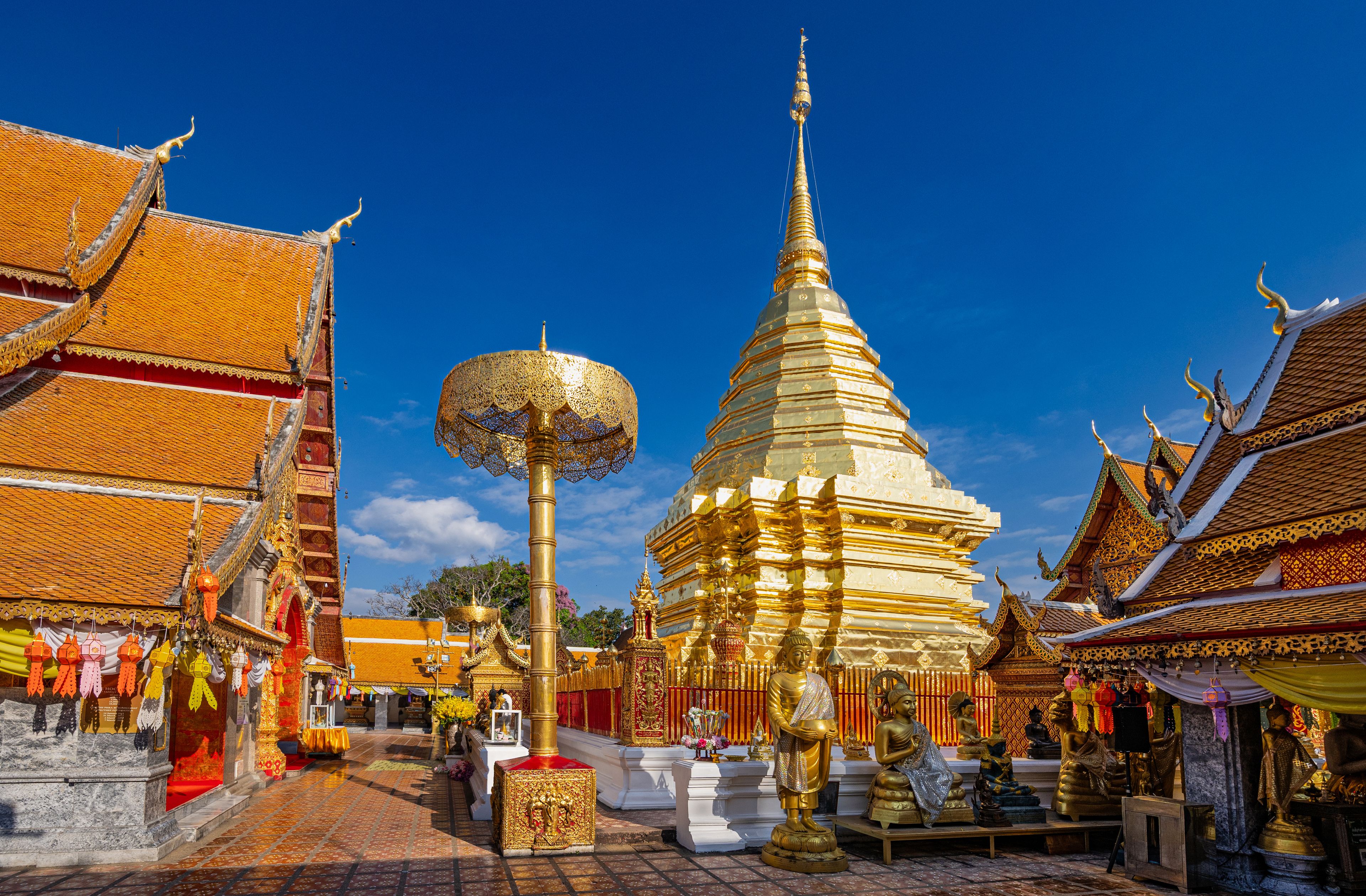Chiang Mai, Thailand – Golden chedi stupa and umbrella in Wat Phra That Doi Suthep temple, the most famous temple near Chiang Mai.