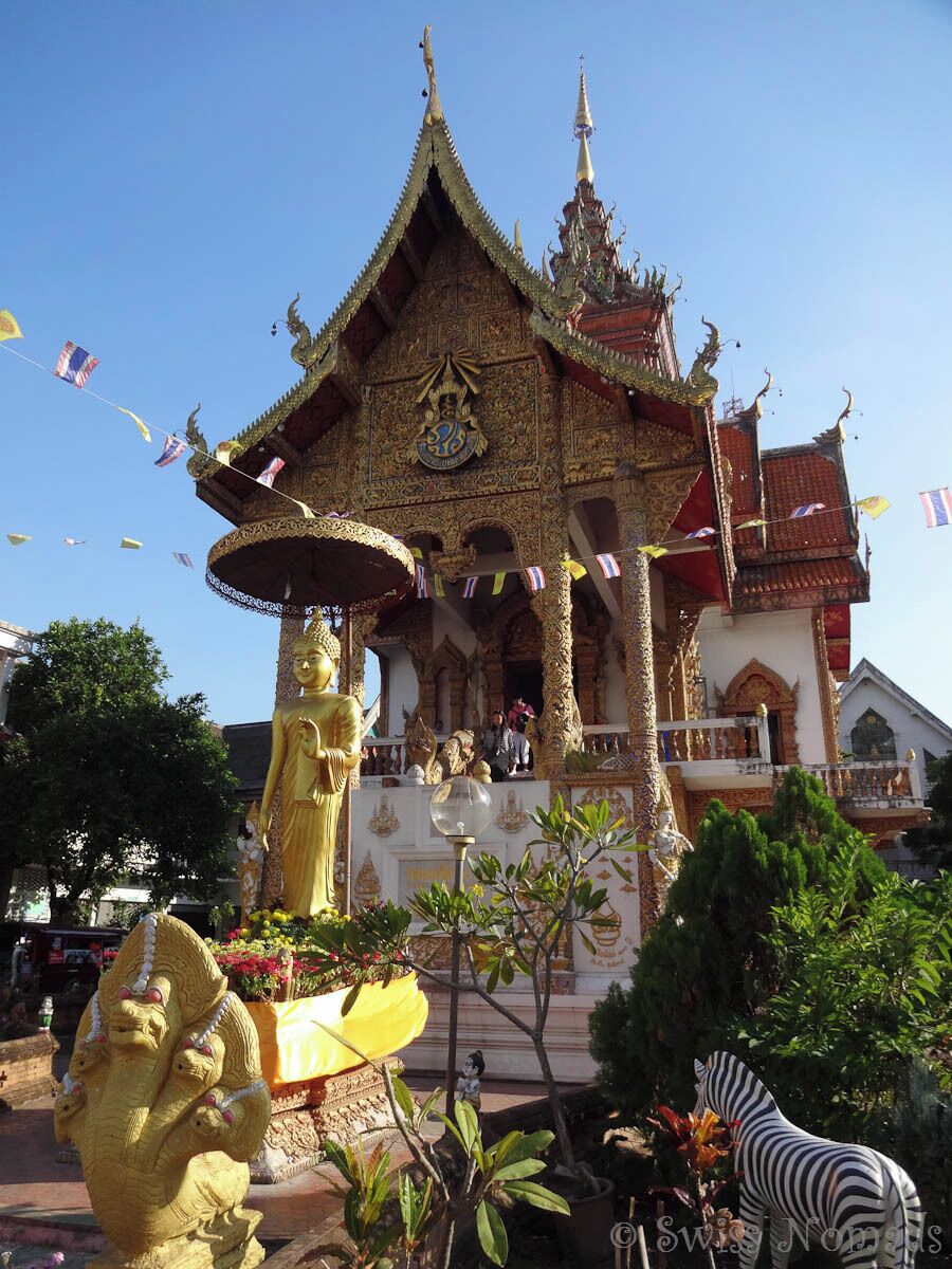 A traditional Thai temple with ornate architecture, a golden Buddha statue, and a zebra statue in the foreground.