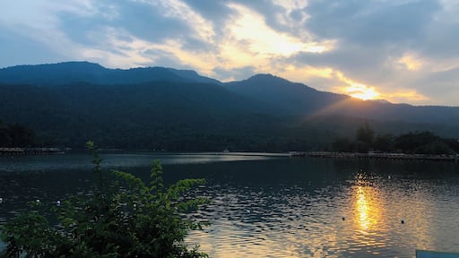 Beautiful mountain and lake at sunset.