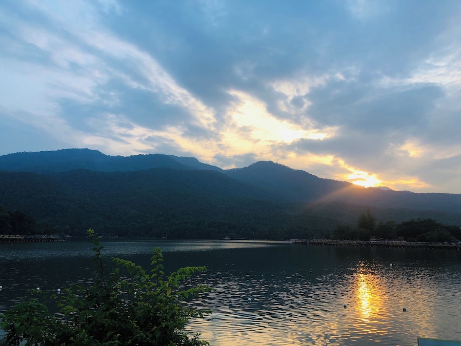 Beautiful mountain and lake at sunset.