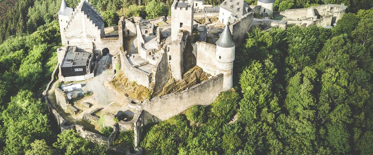 A medieval castle surrounded by dense forest and hills.