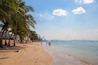 A sandy beach with palm trees, calm water, and distant city skyline.