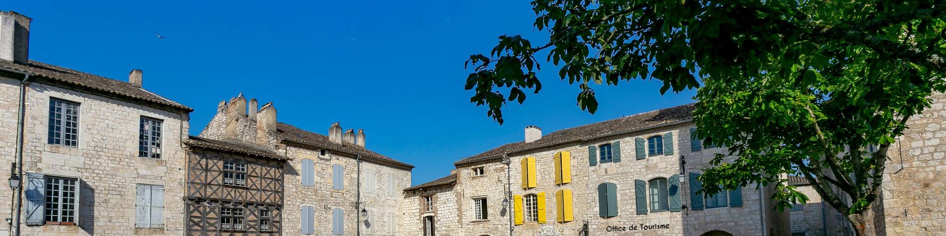 Lauzerte, Occitanie, France. Way of Saint James de compostela. Place des Cornières, market square. Ancient hilltop village. Medieval town is a stop for the pelgrims, way of St James de Compostela