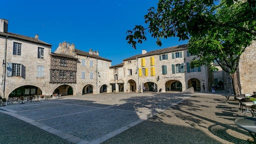 Lauzerte, Occitanie, France. Way of Saint James de compostela. Place des Cornières, market square. Ancient hilltop village. Medieval town is a stop for the pelgrims, way of St James de Compostela