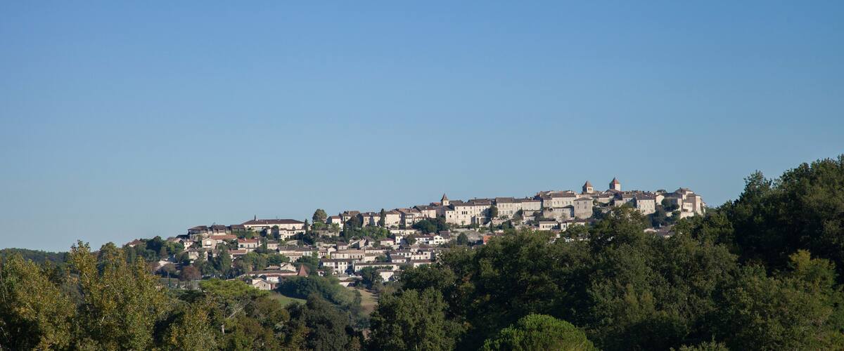 A hilltop town with historic buildings and dense green trees.