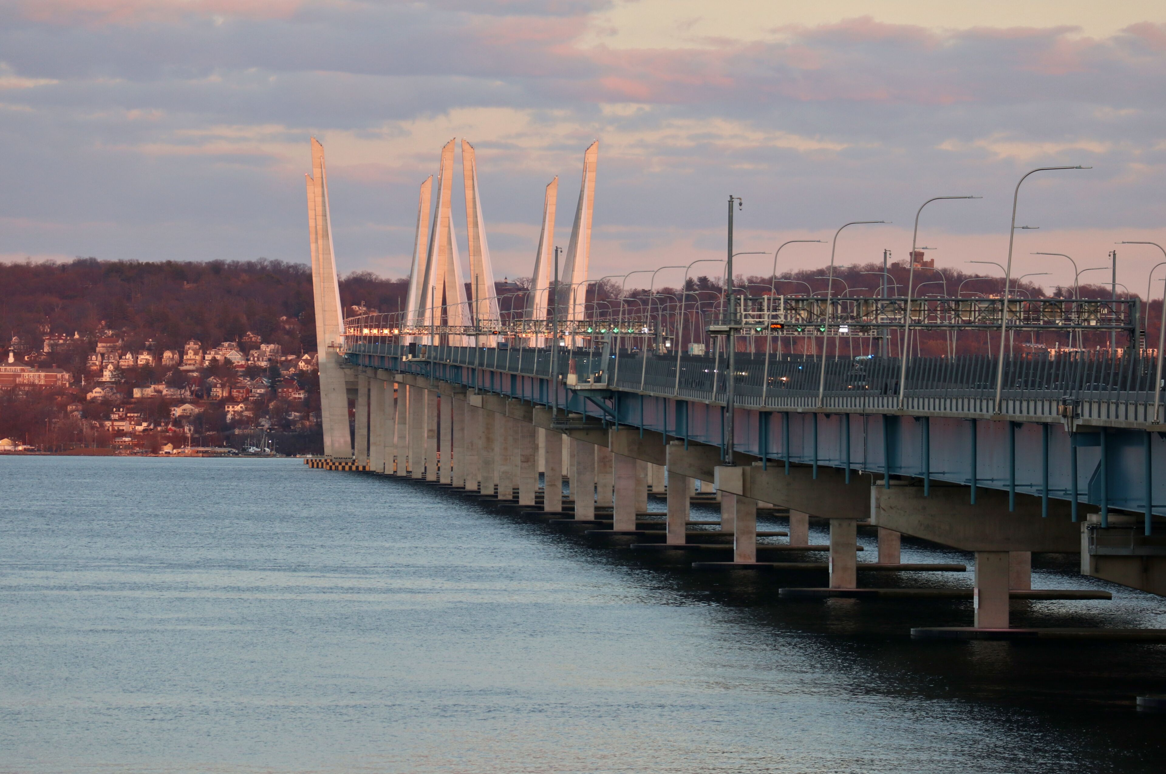 new tappan zee bridge at golden hour (nyack to tarrytown, new york) suspension bridge across the hudson river (cuomo bridge) detail, pedestrian, cycling