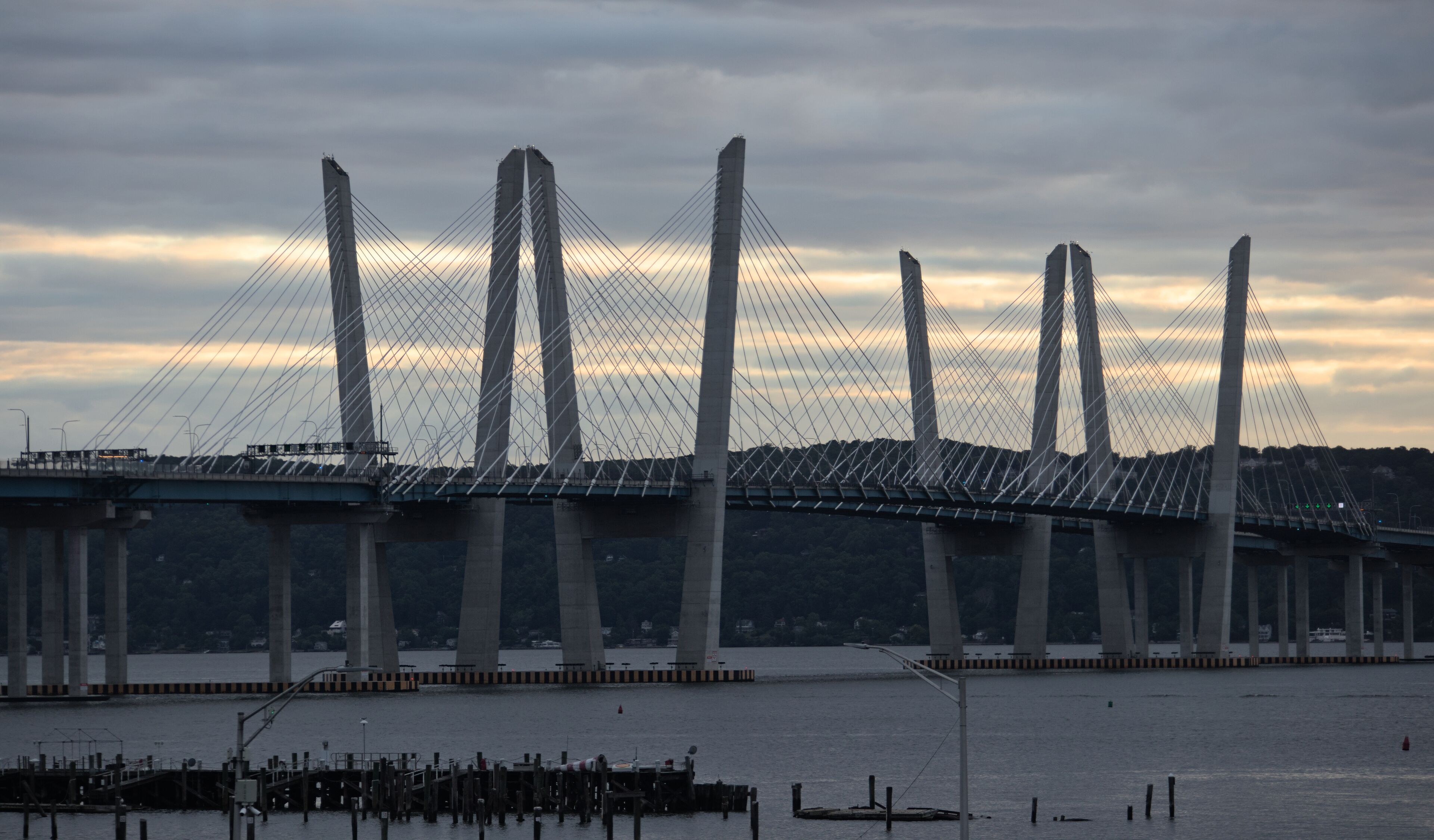 new tappan zee bridge at sunset (nyack to tarrytown, new york) suspension bridge across the hudson river (cuomo bridge) detail
