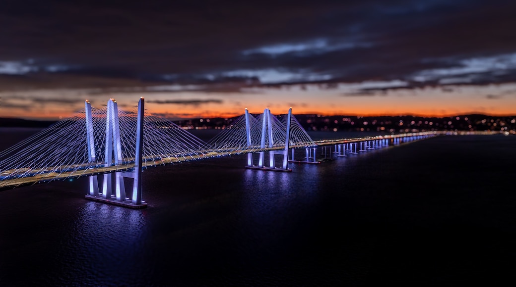 Tarrytown, NY - USA - January 15, 2025: Night aerial photo of the Governor Mario M. Cuomo Bridge, spanning the Hudson River between Tarrytown and Nyack