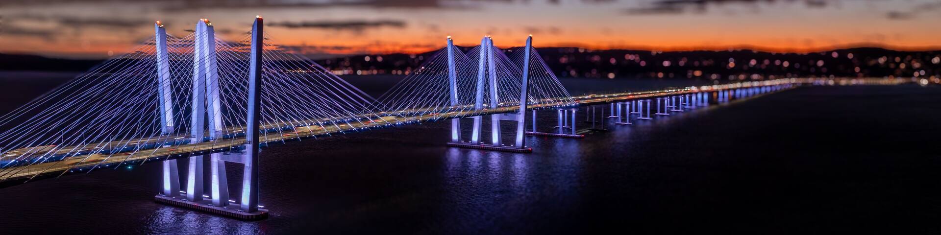 Tarrytown, NY - USA - January 15, 2025: Night aerial photo of the Governor Mario M. Cuomo Bridge, spanning the Hudson River between Tarrytown and Nyack