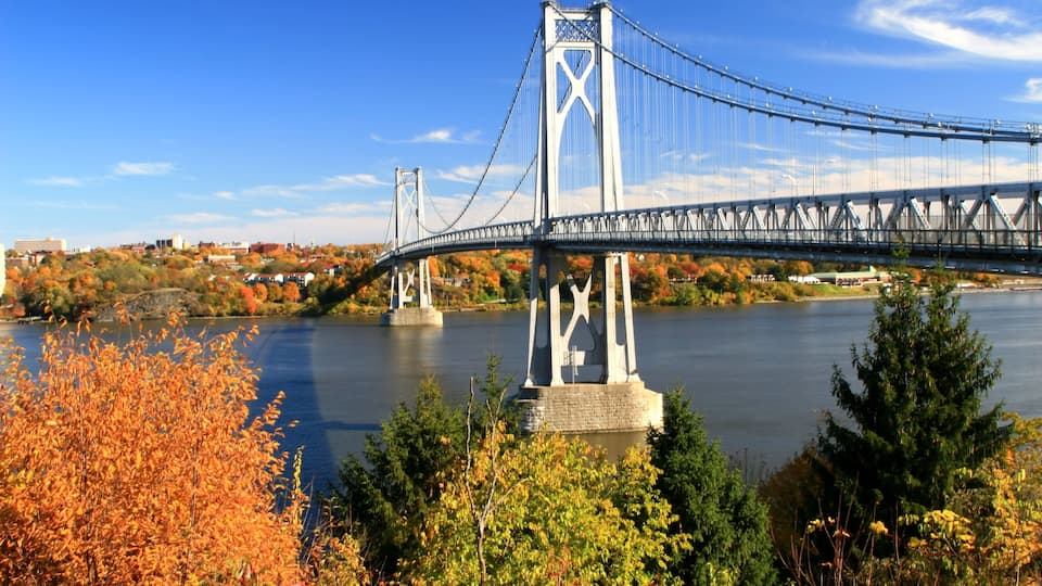 A suspension bridge over a river with autumn foliage.