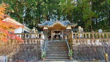 Front view of Hachioji Shrine with stone steps and forest background in Mizunami, Gifu, Japan
