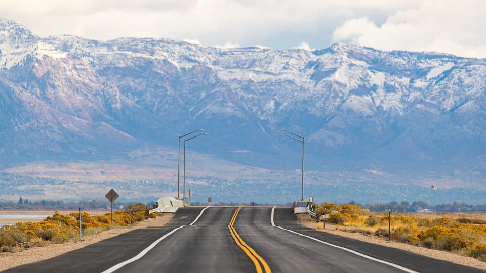 A road leading to snow-capped mountains with a clear sky.