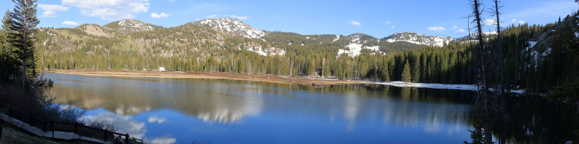 A calm lake surrounded by dense forests and snow-capped mountains under a clear sky.