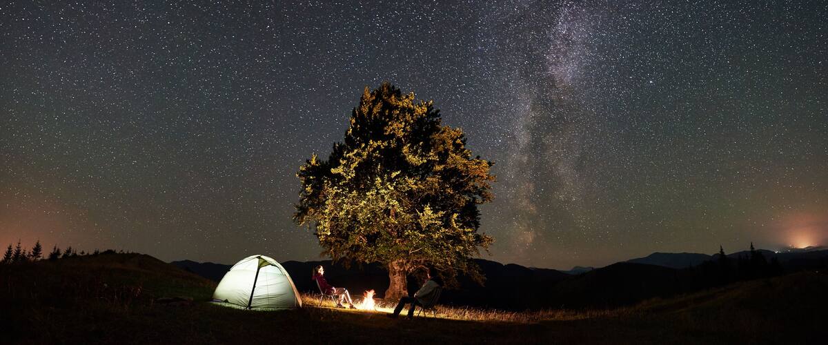 A night scene with a tent, a tree, and a starry sky.