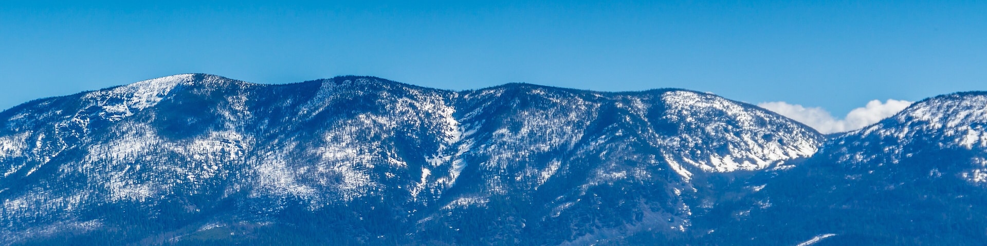 A mountain range with snow-capped peaks, a clear blue sky, and a shoreline with trees and buildings.