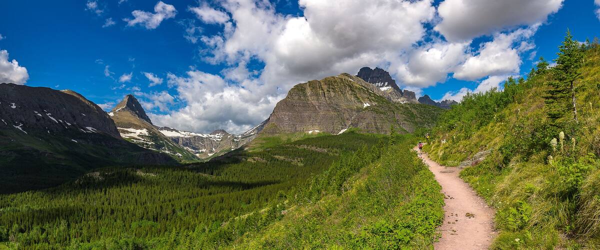 A mountain landscape with a dirt path, dense forest, and snow-capped peaks under a partly cloudy sky.