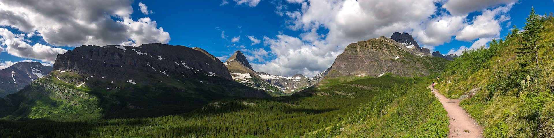 Paisaje de montaña con un sendero de tierra, bosque denso y picos nevados bajo un cielo parcialmente nublado.