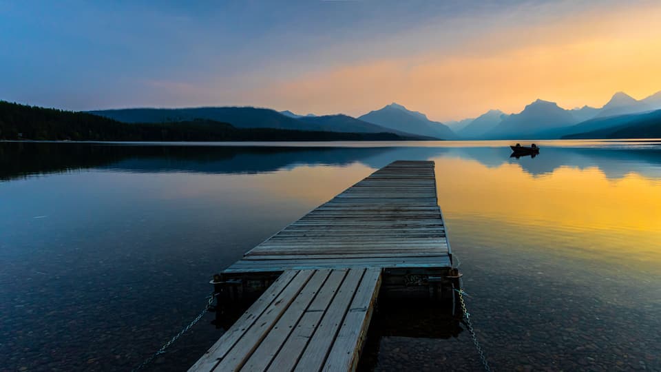 Floating Pier Extending Onto Lake McDonald at Apgar, Glacier National Park, Montana, USA