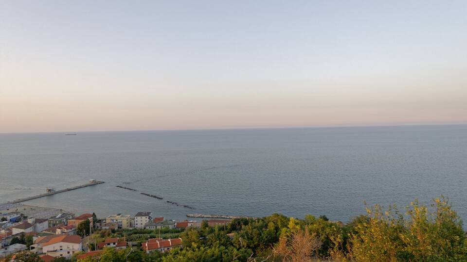 A coastal town with a pier extending into the sea, surrounded by greenery and buildings.