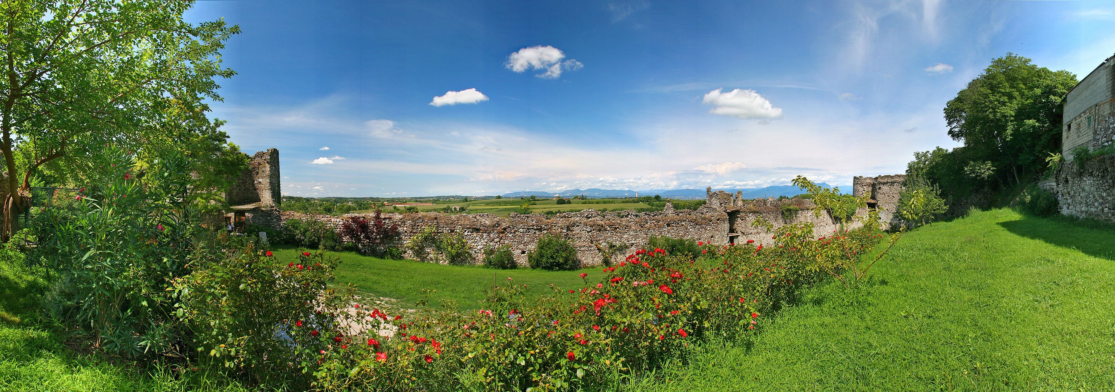 A historic stone wall with ruins, lush green grass, and red flowers in a sunny landscape.