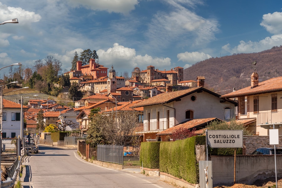 Costigliole Saluzzo, Cuneo, Italy: A landscape view of the historical village of Costigliole Saluzzo with the Red Castle and the Reynaudi Castle on the hill