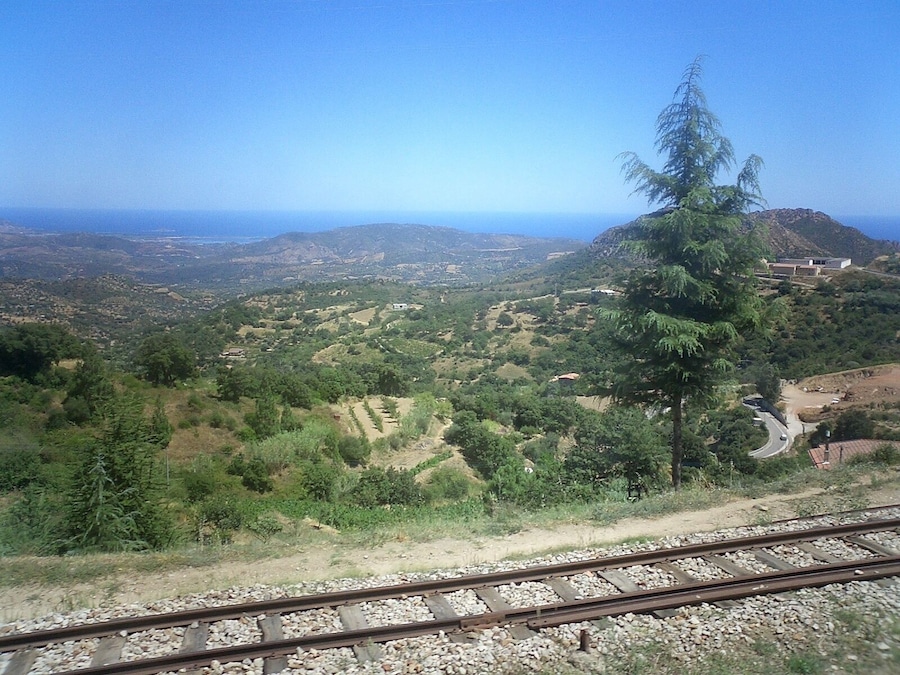 Un paisaje montañoso con una vía de tren, vegetación densa y colinas distantes.