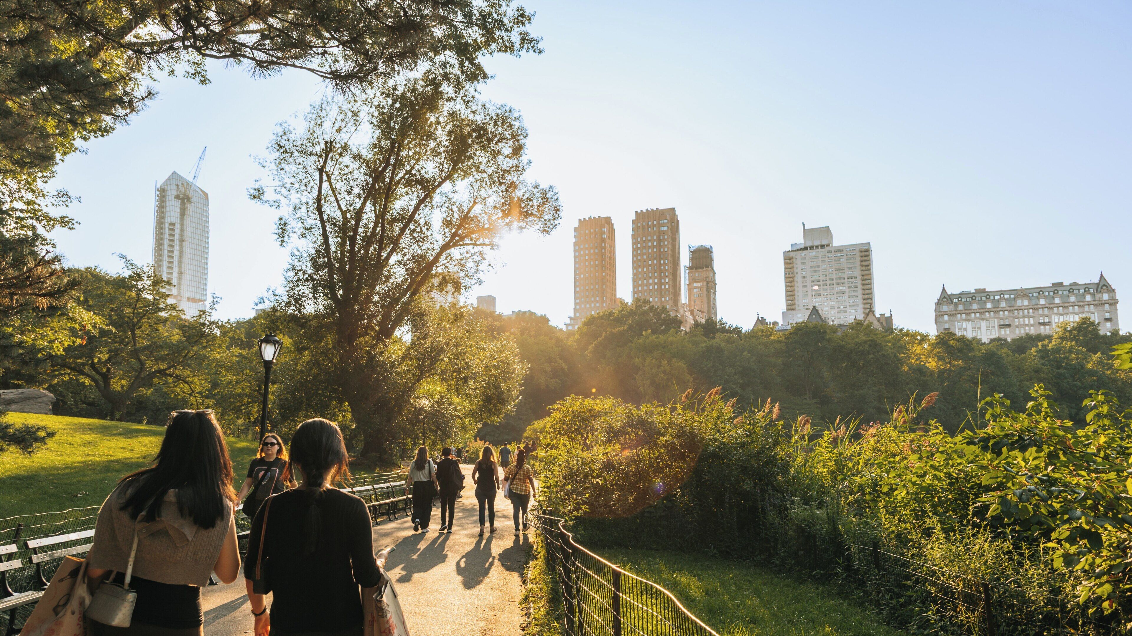 Walking through Central Park at sunset with city skyline views in Manhattan, New York, featuring lush greenery and a warm golden glow