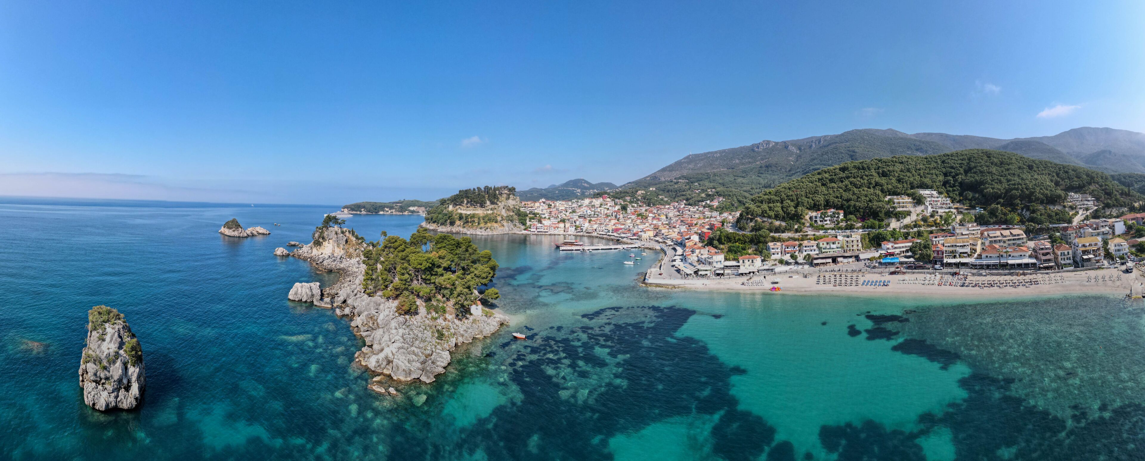 Drone view at the touristic village of Parga in Greece