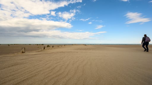 Backpacker walks along beach at Dunkirk