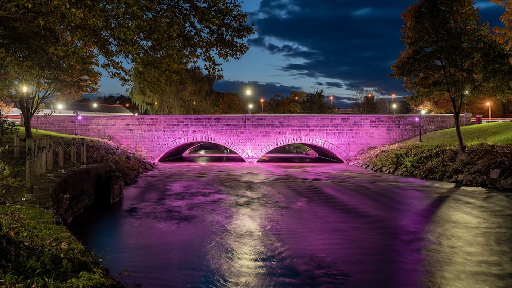 Eine Steinsbrücke über einem Fluss, umgeben von Bäumen und beleuchtet durch violette Lichter.