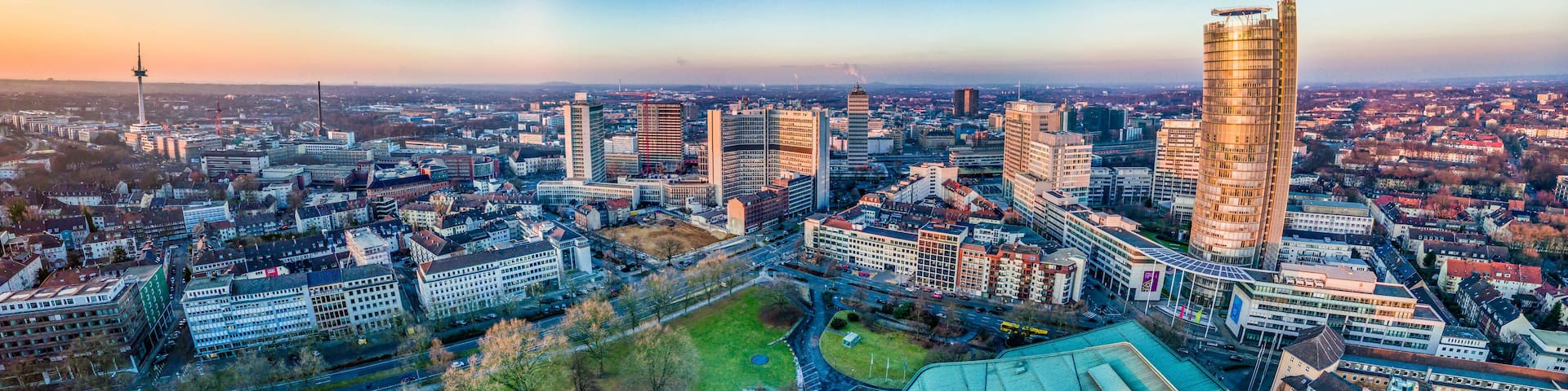 The city skyline of Essen under the sunset
