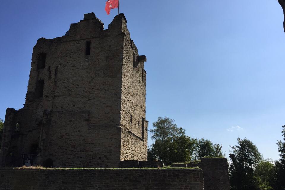 A historic stone tower with a flag on top, surrounded by trees.