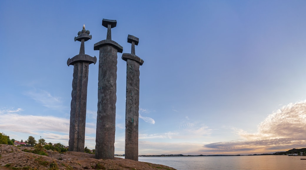 Mollebukta bay panorama with Swords in Rock monument commemorating Battle of Hafrsfjord Stavanger Rogaland Norway Scandinavia